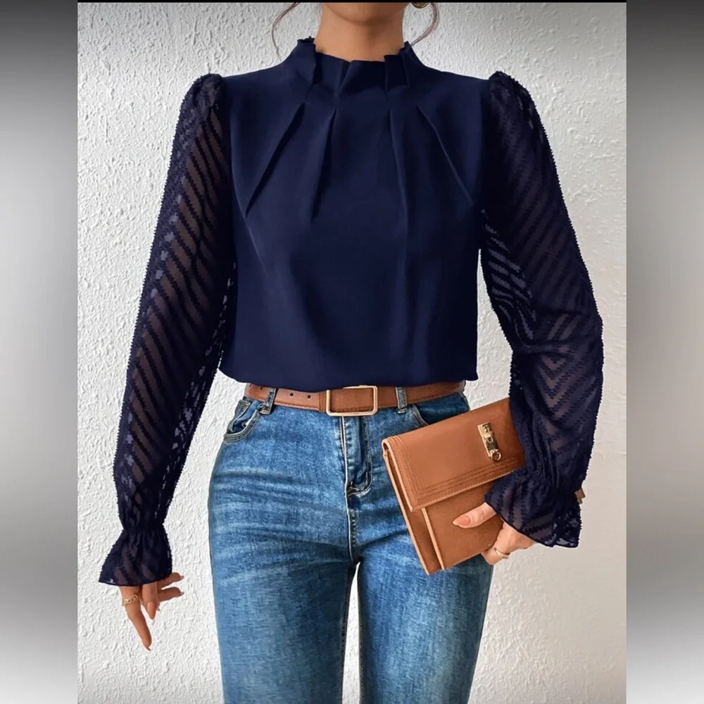 SHEIN Navy Blouse with Sheer Sleeves - Picture 4 of 9